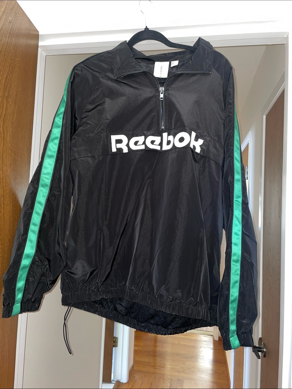F21 Reebok Black Pullover Jacket with Green Sleeve Stripes